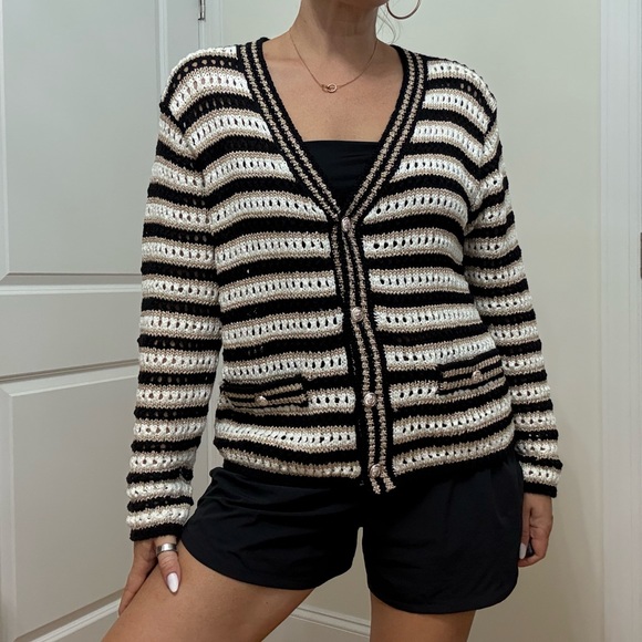 Striped Black, White and Gold Women's Sweater - Picture 2 of 12